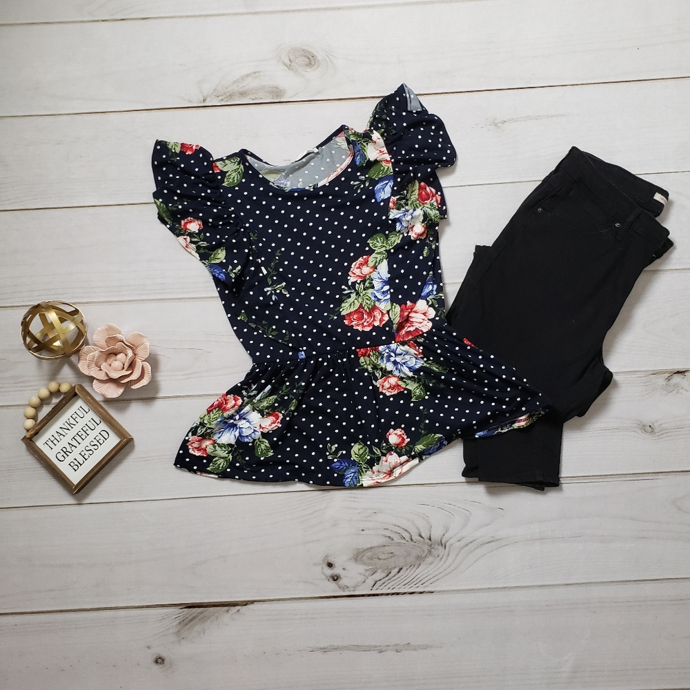 Navy Polka Dot & Floral Peplum Ruffled Top